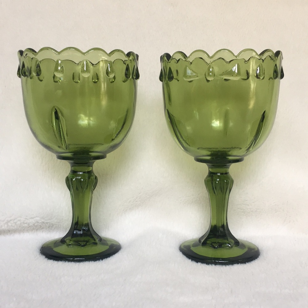Vintage Indiana Glass Drinking Goblets Emerald Avocado Green Matching Pair